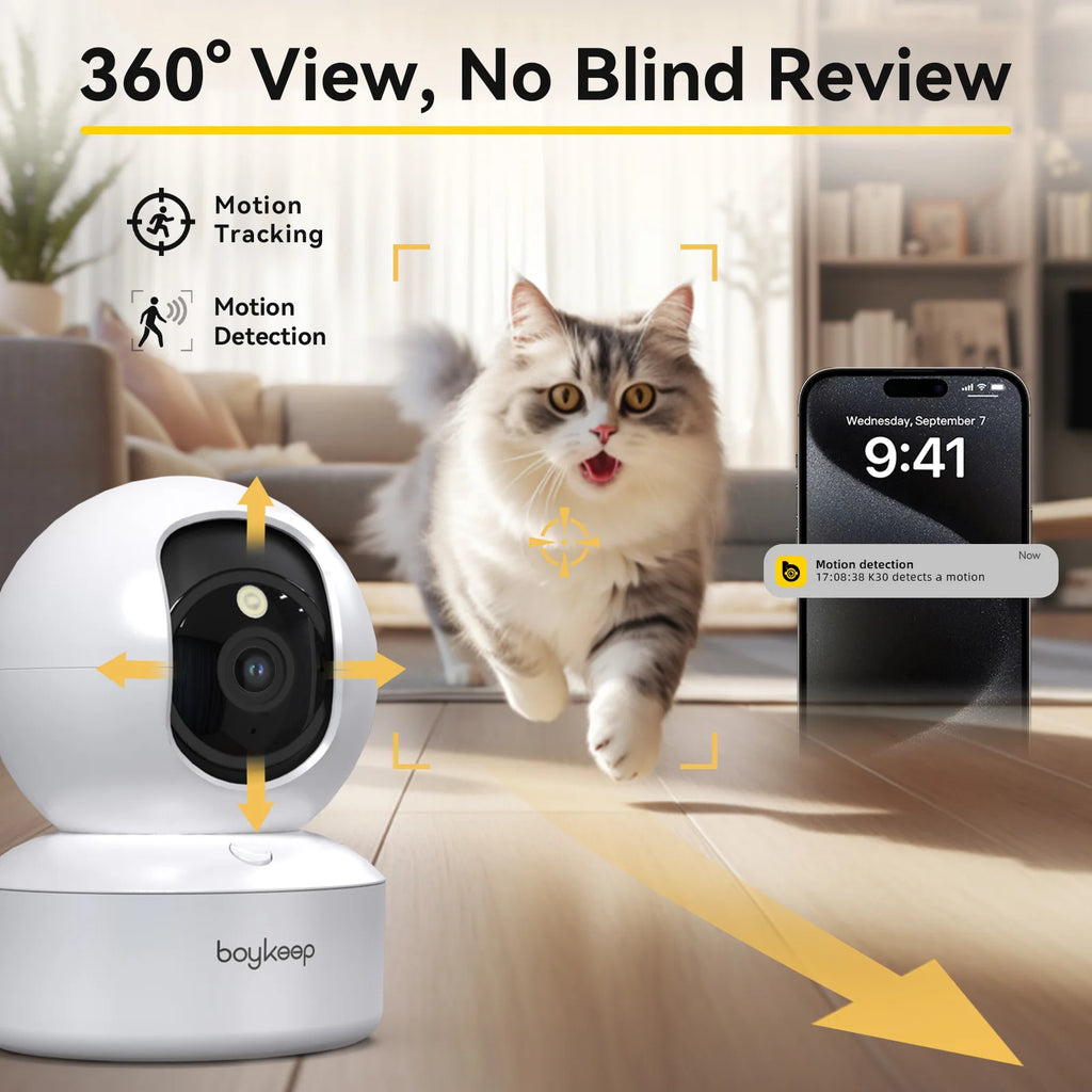 Cámara para Mascotas 2K WiFi 360° — Visión Nocturna y Audio Bidireccional"