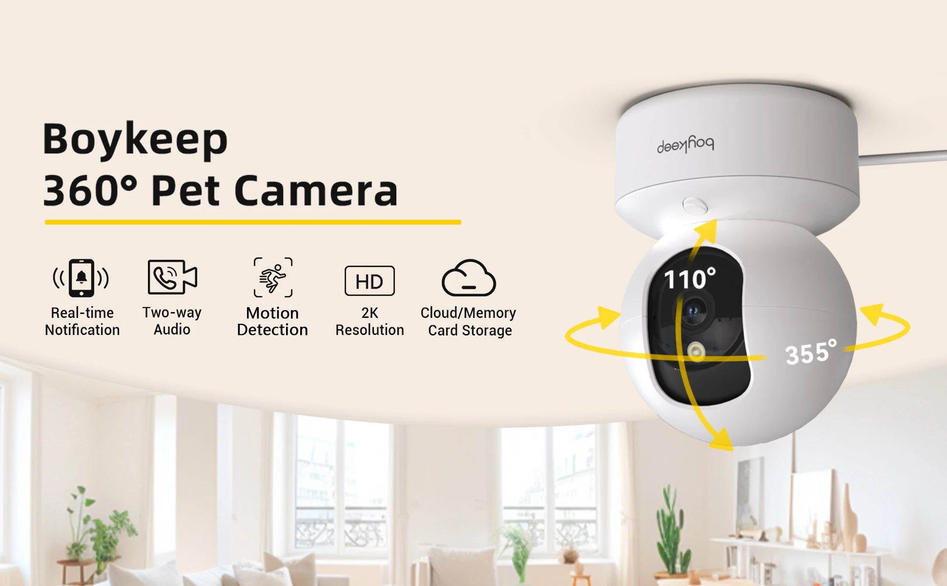 Cámara para Mascotas 2K WiFi 360° — Visión Nocturna y Audio Bidireccional"